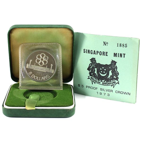 1973 Singapore $5 Seventh SEAP Games .500 Silver Proof Crown in Original Display with COA