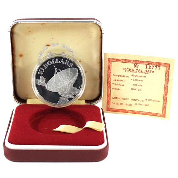 1980 Singapore $10 Communications Satellite Fine Nickel Proof Coin in Original Display with COA