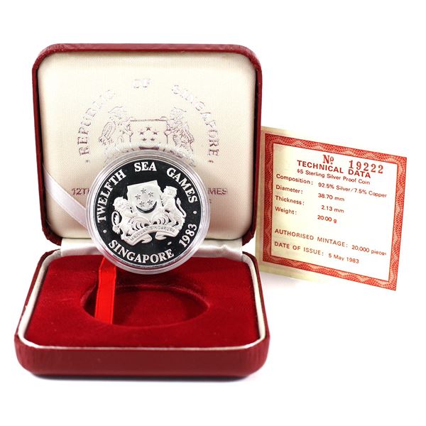 1983 Singapore $5 Twelfth South East Asia Games Sterling Silver Proof Coin in Original Display