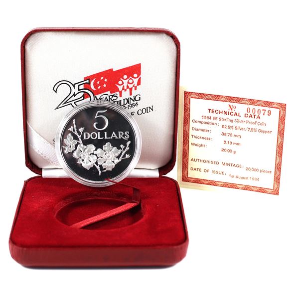 1959-1984 Singapore $5 25 Years of Nation-Building Sterling Silver Proof Coin in Original Display