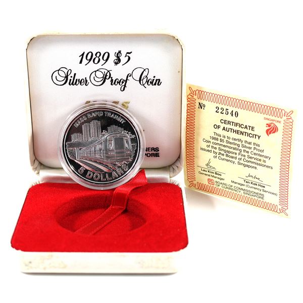 1989 Singapore $5 Mass Rapid Transit Sterling Silver Proof Coin in Original Display