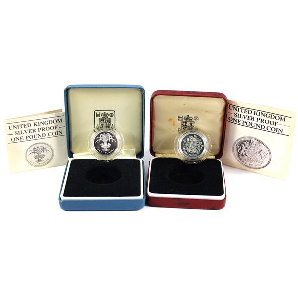 1983 & 1985 United Kingdom 1 Pound Sterling Silver Proof Coins in Original Displays with COAs. 2pcs