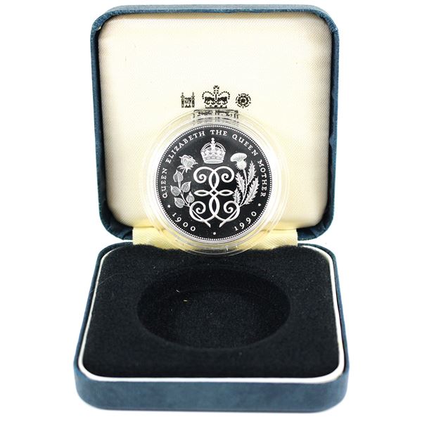1990 United Kingdom 5 Pound The Queen Mother Sterling Silver Proof Coin in Original Display
