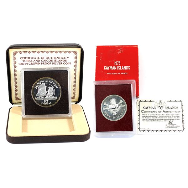 1975 Cayman Islands $5 Sterling & 1980 Turks and Caicos Islands 10 Crowns .500 Silver Proof Coins. 2