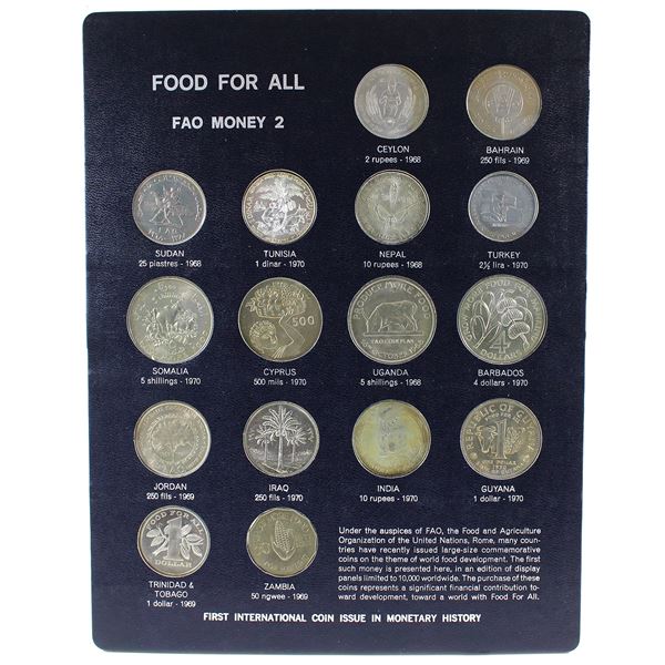 FAO Money 2 - Food For All Display Board with 16 Coins from Different Countries 1968-1970
