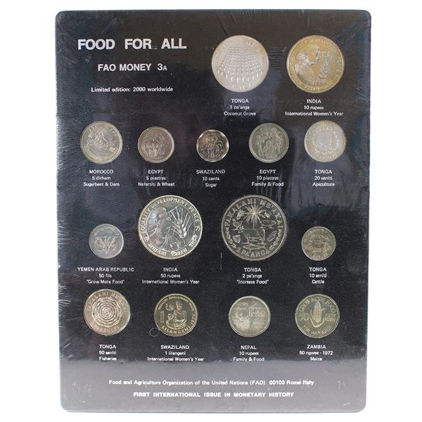 Scarce! FAO Money 3A - Food For All Display Board with 15 Coins from Multiple Countries 1972-1975