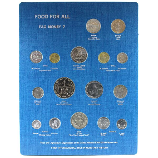 FAO Money 7 - Food For All Display Board with 16 Coins from Multiple Countries 1975-1976