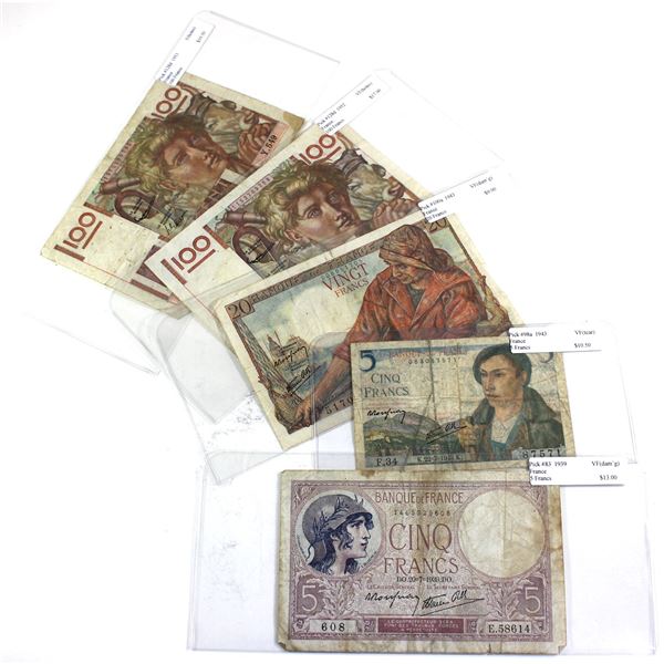 5x 1939-1953 France notes. 5pcs