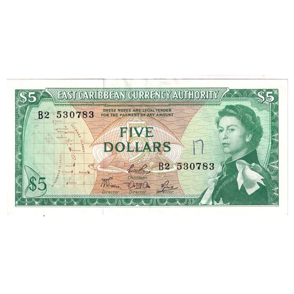 1965 East Caribbean States $5, Pick #14d, Sign 4, Banknote AU (Writing)