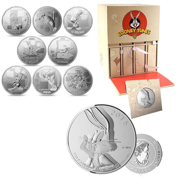 *2015 Canada $10 Looney Tunes 8-coin Fine Silver Set in Deluxe Display Case (Tax Exempt)