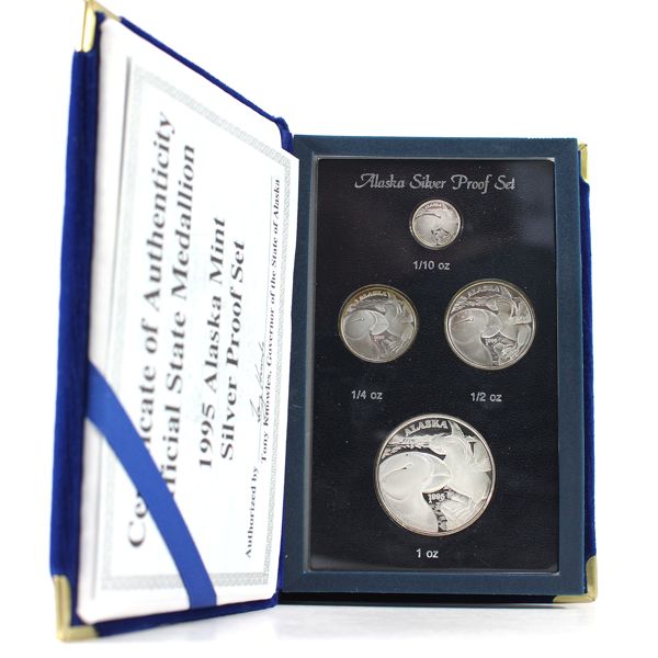 1995 Alaska Mint Official State Medallions 4-coin Fine Silver Proof Set with Puffins Desig