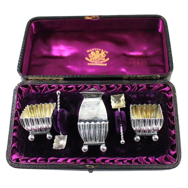 VINTAGE! 1884 Birmingham, England 'Martin & Co' 5-piece Sterling Silver Condiment Set