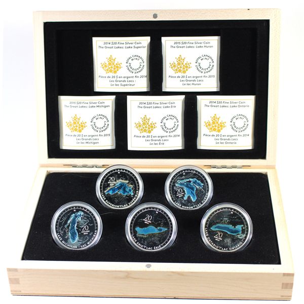 2014-2015 Canada $20 Great Lakes 5-coin Fine Silver Set Encapsulated in Deluxe Case (Tax Exempt)