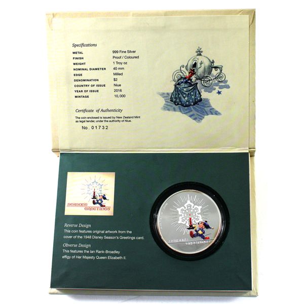2016 Niue $2 Disney Mickey Mouse 1oz Season's Greetings Fine Silver Coloured Coin (Tax Exempt)