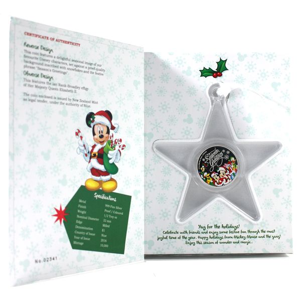 2016 Niue $2 Disney 1/2oz Season's Greetings Fine Silver Coloured Coin Ornament (Tax Exempt)
