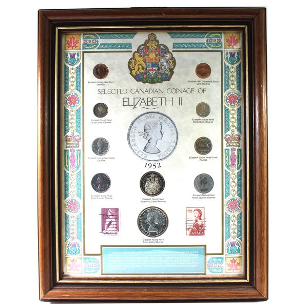 *Selected Canadian Coinage of Elizabeth II 10-coin Set with Two 5-cent Stamps in Wooden Frame