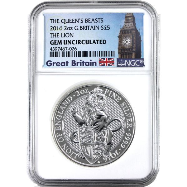 2016 Great Britain 2oz Queen's Beasts - Lion of England NGC Certified Gem Uncirculated (Tax Exempt)