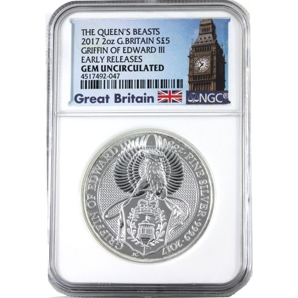 2017 Great Britain 2oz Queen's Beasts - Griffin of Edward III NGC Certified Gem Uncirculated