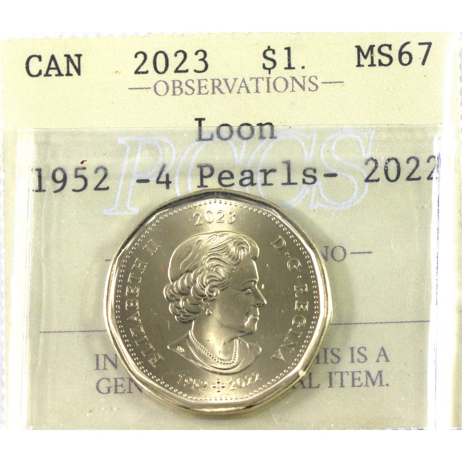 Loon $1 2023 (1952-2022) 4 Pearls PCCS (Professional Coin Certification ...