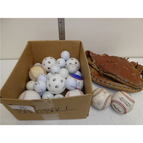 leather glove, baseballs, golfballs, plastic