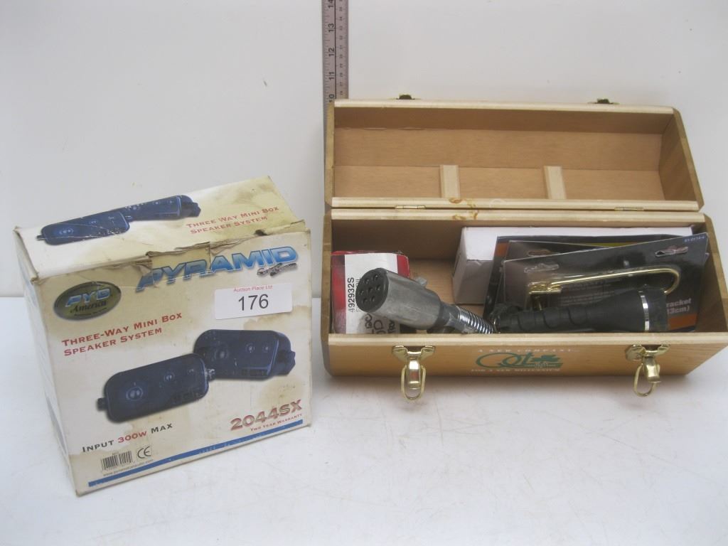 3-way speaker system, wooden box, flashlight