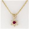 Image 2 : Petite 14K Yellow Gold 0.10 ctw Ruby & Diamond Flower Cluster Pendant & 16" Chai