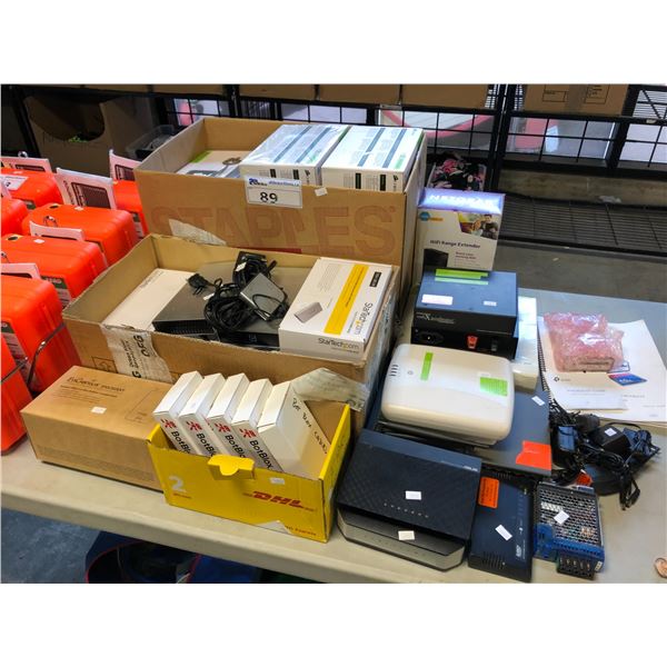 LARGE LOT OF ASSORTED ETHERNET SPLITTERS, BOTBLOX ETHERNET SWITCHES, WIRELESS ROUTERS, WIFI