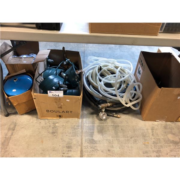 LOT OF ASSORTED TUBING, 2 PROFLO WATER HEATER SAFETY TANKS, WALL MOUNTED HOSE HANGERS, 4" ADJUSTABLE