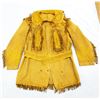 Image 6 : Canvas and buckskin fringed/ trimmed jacket, w/canvas and fancy stitched leggings, tag reads Kalamaz