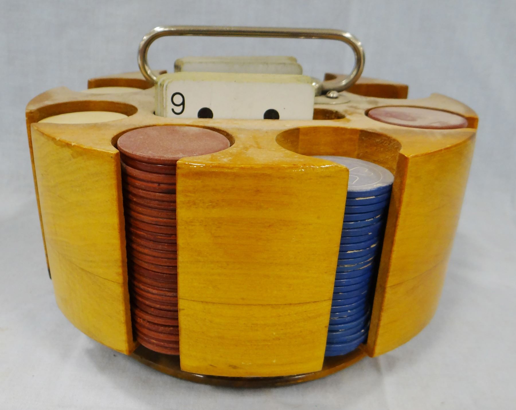 Antique poker set, clay chips w/carrier