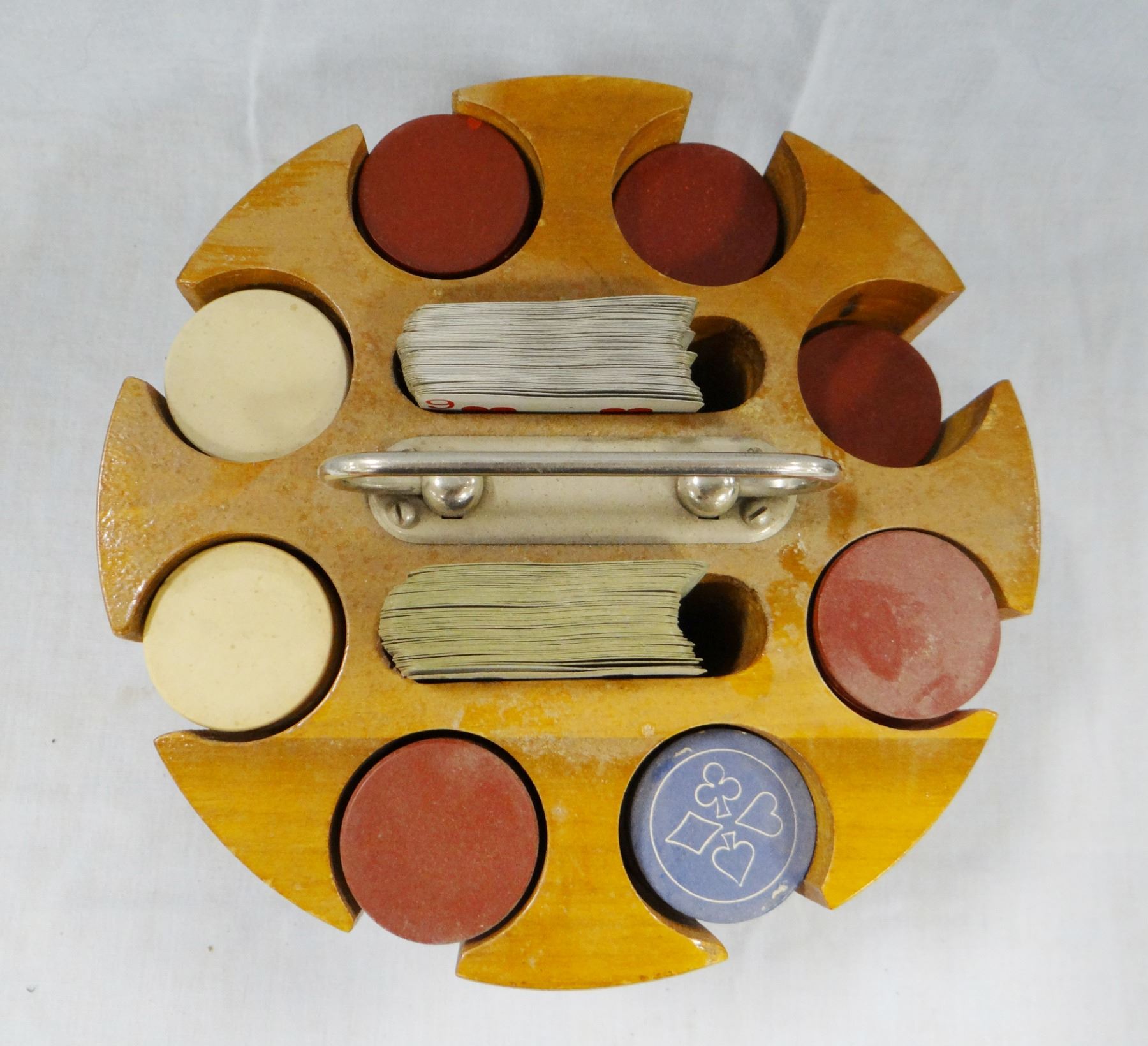 Antique poker set, clay chips w/carrier