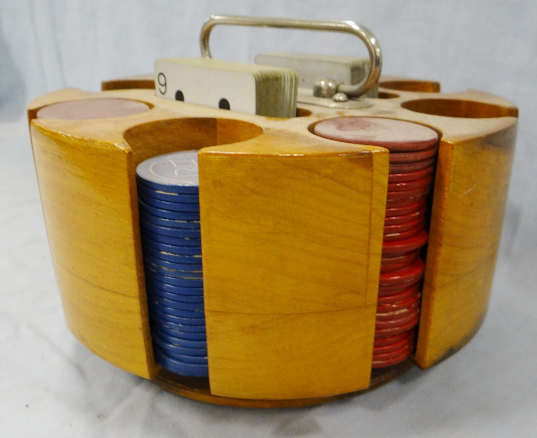 Antique poker set, clay chips w/carrier