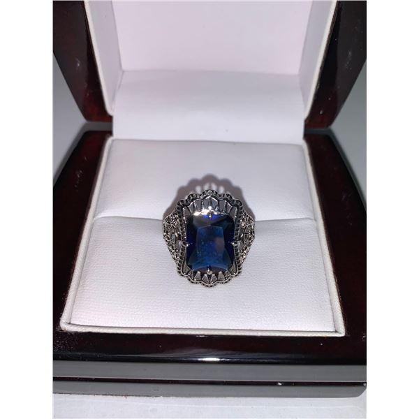 Blue Topaz 2.6 Carat Emerald Cut Solitaire filagree design dress ring size 7