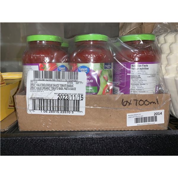 CASE LOT Great Value Organic Tomato Basil Pasta Sauce 6x700ml
