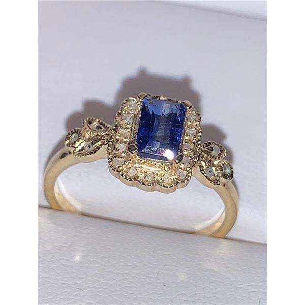 Natural Sapphire Emerald Cut 1.25 Carat Solitaire with diamonds 14K Gold on .925 Silver Filagree Rin
