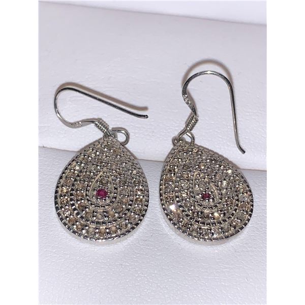 Set of Ladies Diamond Cluster Earrings with 1.04 Carat Natural Diamonds set in .925 Silver with Cert