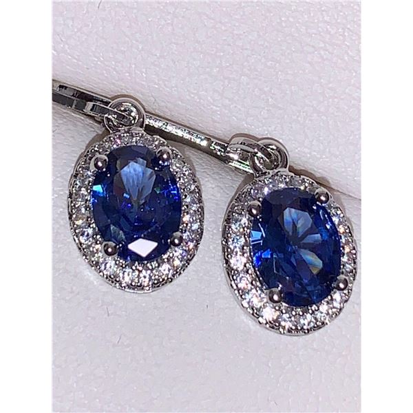 Blue Sapphire Oval Cut Solitaires Cluster .925 Silver Earring Set
