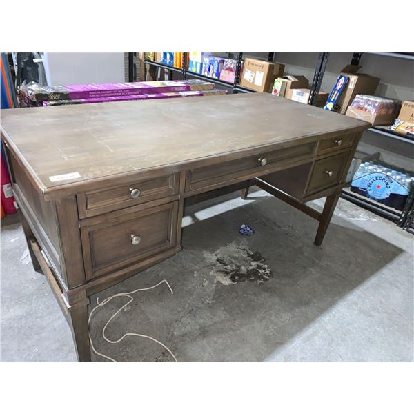 Solid Wood Office Desk With Plug Outlet, 5 drawer 60"Lx28"Dx30"T
