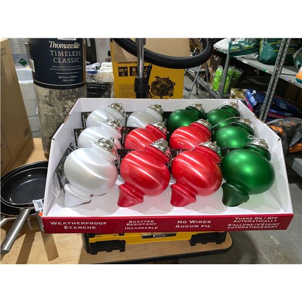 Lot of 12 Assorted Color Battery Powered Over sized Christmas Ornaments with Dawn to Dusk Sensors