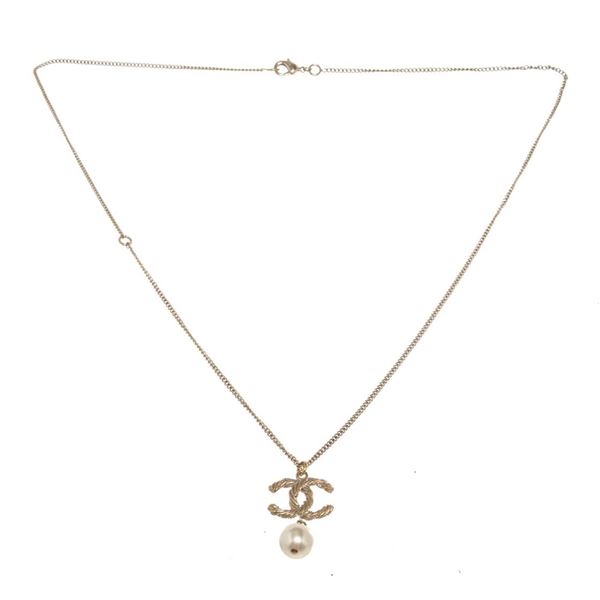 Chanel CC Dangle Pearl Pendant Gold-tone Necklace