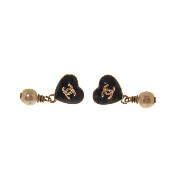 Chanel Black Heart CC Dangle Pearl Earrings