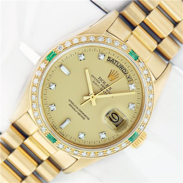 Rolex Mens 18K Yellow Gold Day Date President Champagne Diamond & Emerald Watch