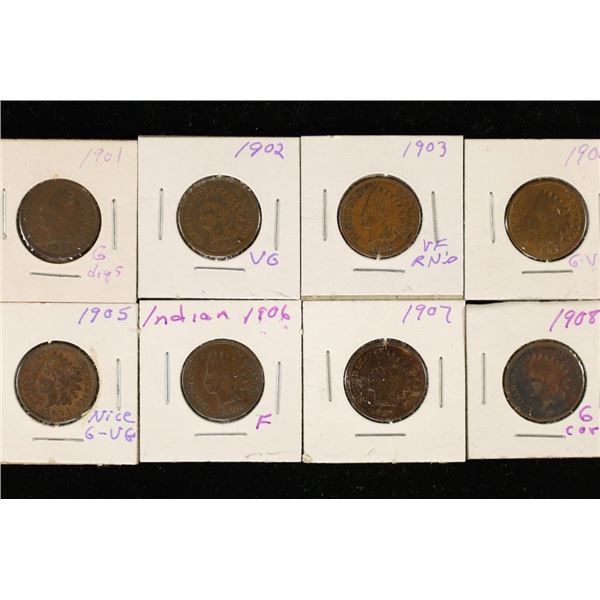 8 INDIAN HEAD CENTS: 1901 - 1908. 1 OF EACH COIN