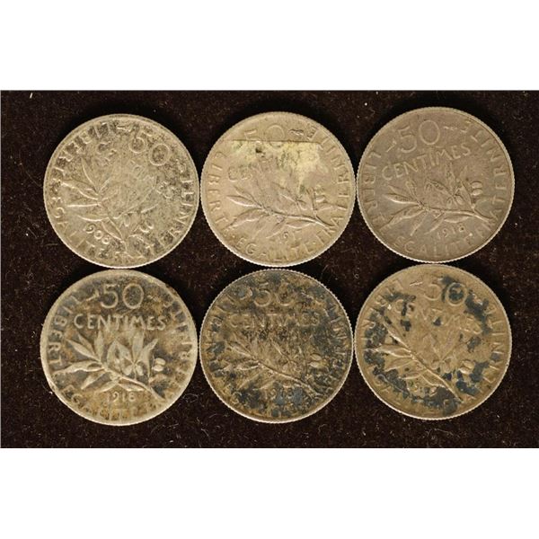 6 FRANCE SILVER 50 CENTIMES .0671 OZ. ASW EACH