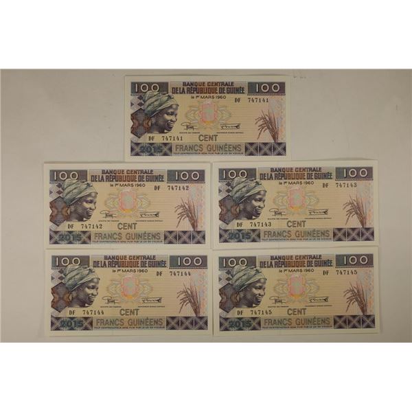 5-2015 BANK OF GUINEA 100 FRANC BILLS. CRISP UNC