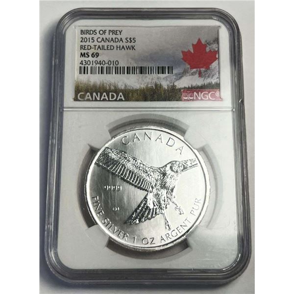 2015 Canada $5 Red Tail Hawk "Birds Of Prey" 1 ozt .9999 Silver NGC MS69