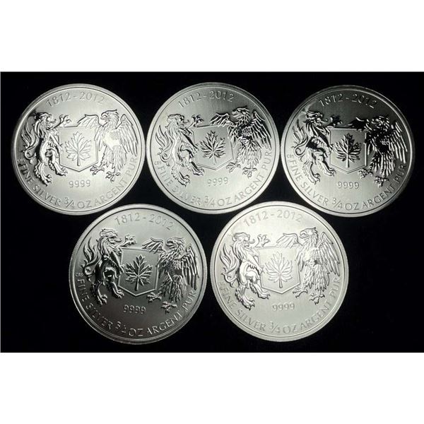 (5) 2012 Canada War of 1812 3/4 ozt .9999 Silver $1