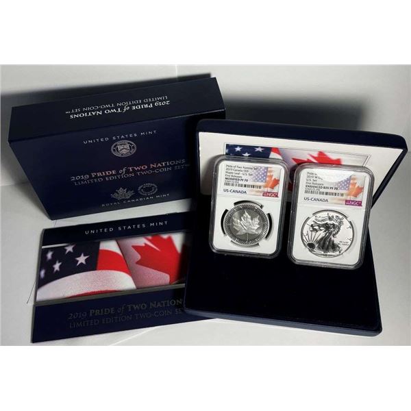 Pride Of Two Nations 2019 American Silver Eagle/Canada Maple Leaf .9999 Slvr NGC PF70 Set (2-coins)