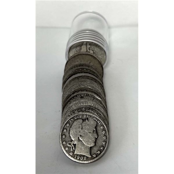 Full Date $10 Face Value 90% Silver Barber Half Dollar Roll (20-Coins)