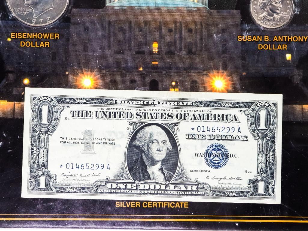 The United States Dollar Story -Display case Note & Silver Coins